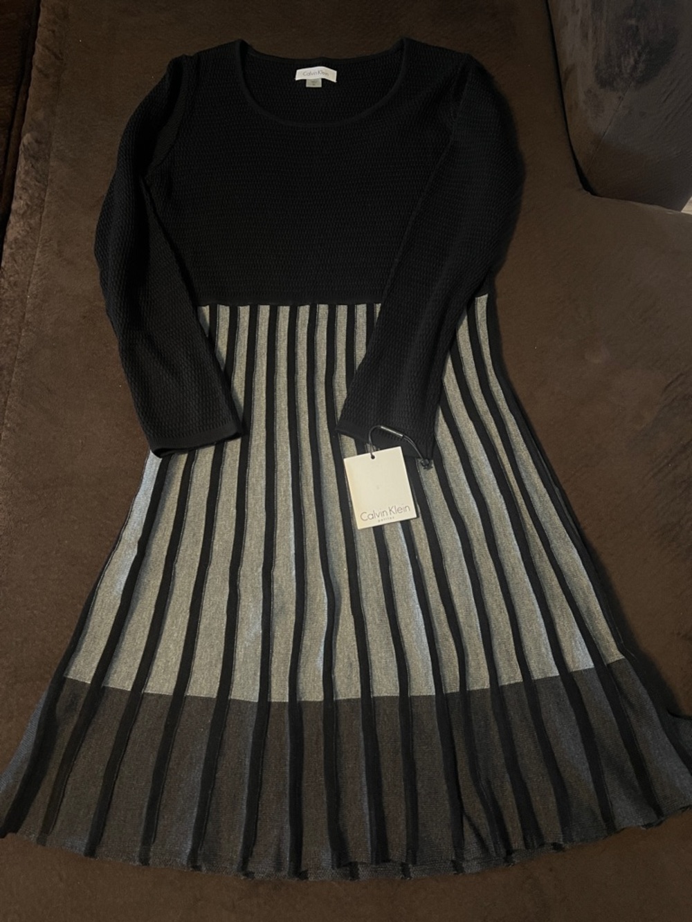 Calvin Klein Black and Gray Striped Fit-and-Flare Knit Dress